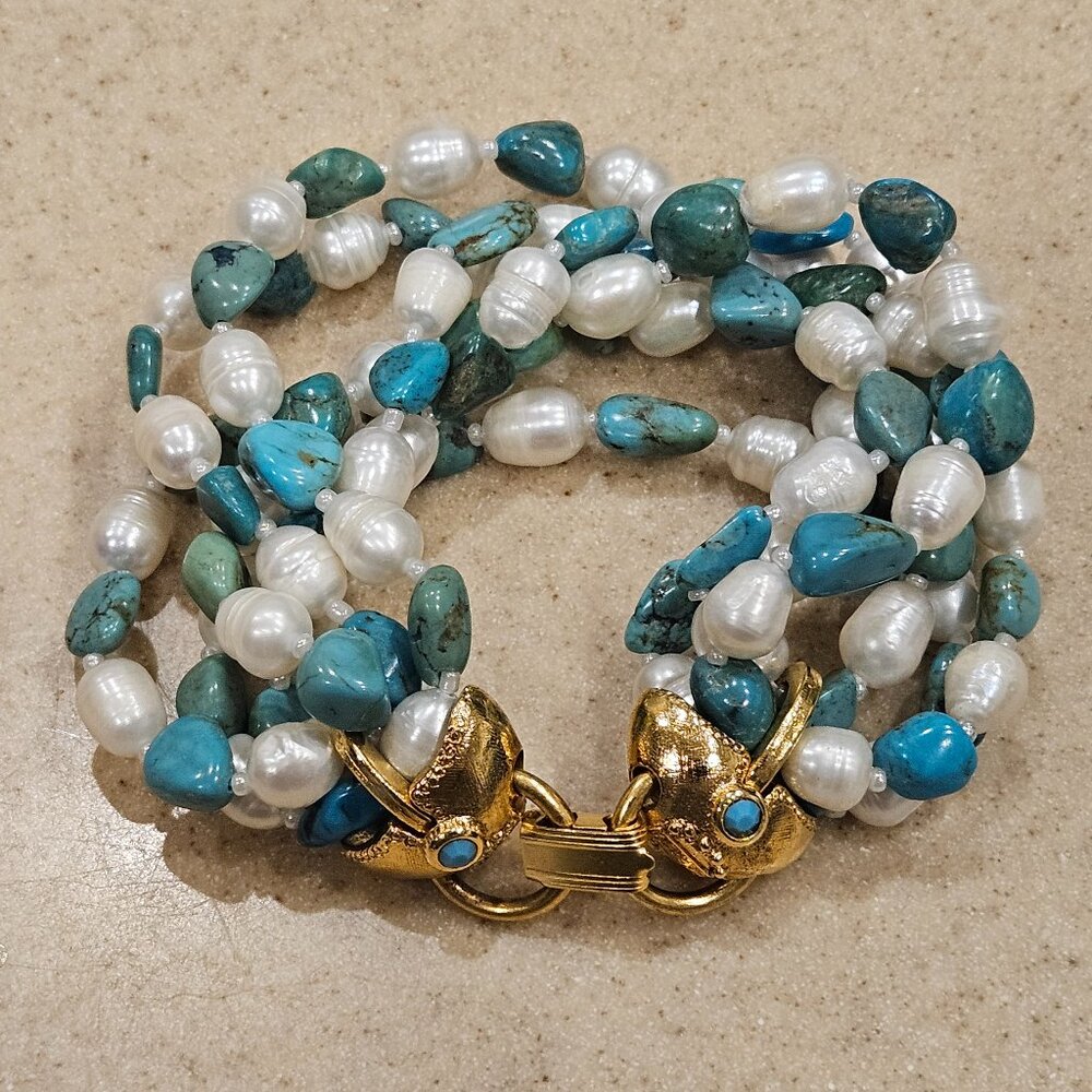 RARE STATEMENT JOSE MARIA BARRERA SUMMER PEARL TURQUOISE STRAND CRYSTAL BRACELET
